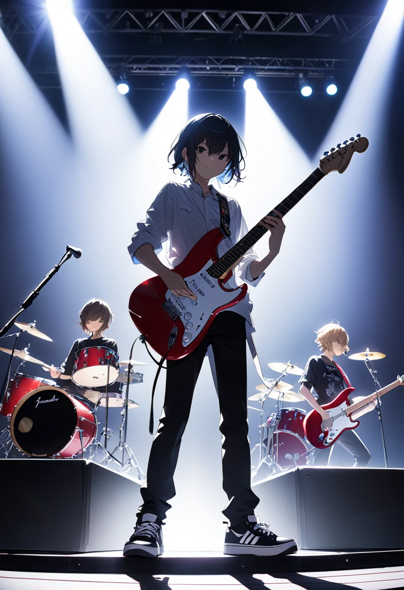 Kyoto Animation、6 stringens、Band member、Electric guitar、Fender Stratocaster、Big Stage、front、sneakers、The face is not clearly visible due to backlighting。Black Pants