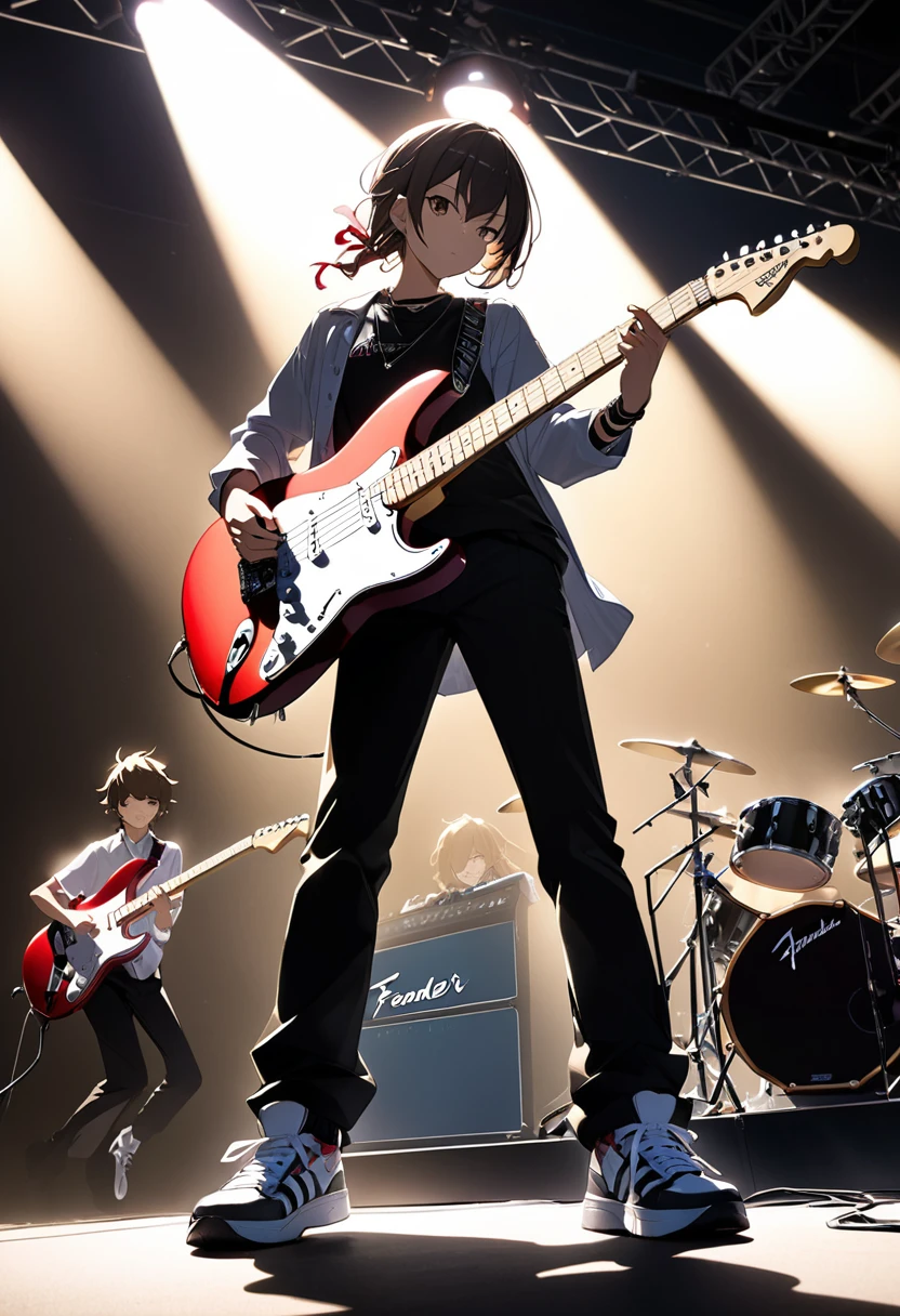 Kyoto Animation、6 stringens、Band member、Electric guitar、Fender Stratocaster、Big Stage、front、sneakers、The face is not clearly visible due to backlighting。Black Pants