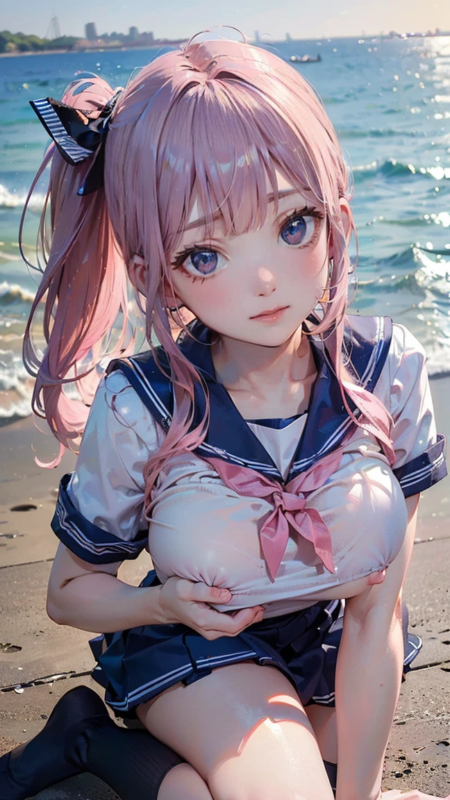 (Masterpiece, BestQuality:1.3), (ultra detailed:1.2), (hyperrealistic:1.3), (RAW photo:1.2), High detail RAW color photo, professional photograph, (Photorealistic:1.4), (realistic:1.4), (Pink Hair:1.5), professional lighting, perfect anatomy, (Big Breasts:1.2), (blush, detailed face), (A happy smile:1.7), sexly, erotic sexly, Random sexy gravure poses, (Blue sailor uniform with black knee-high socks、The background is the seaside、With the front of her sailor uniform slightly open, emphasizing her chest,、Winking pose with hair pulled back。:1.3)