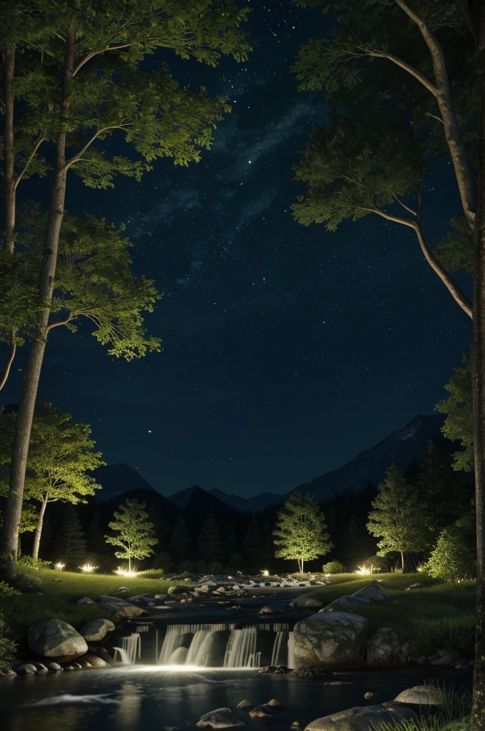 "A serene night 3 D .in the wilderness: Gentle moonlight illuminates a tranquil forest glade, with soft ambient sounds of crickets and a flowing stream. Majestic trees and Mountains in a light breeze, and fireflies dance among the foliage. Create a captivating 1-2 minute video or animated loop that captures the peaceful beauty and calming atmosphere of this natural nighttime scene."