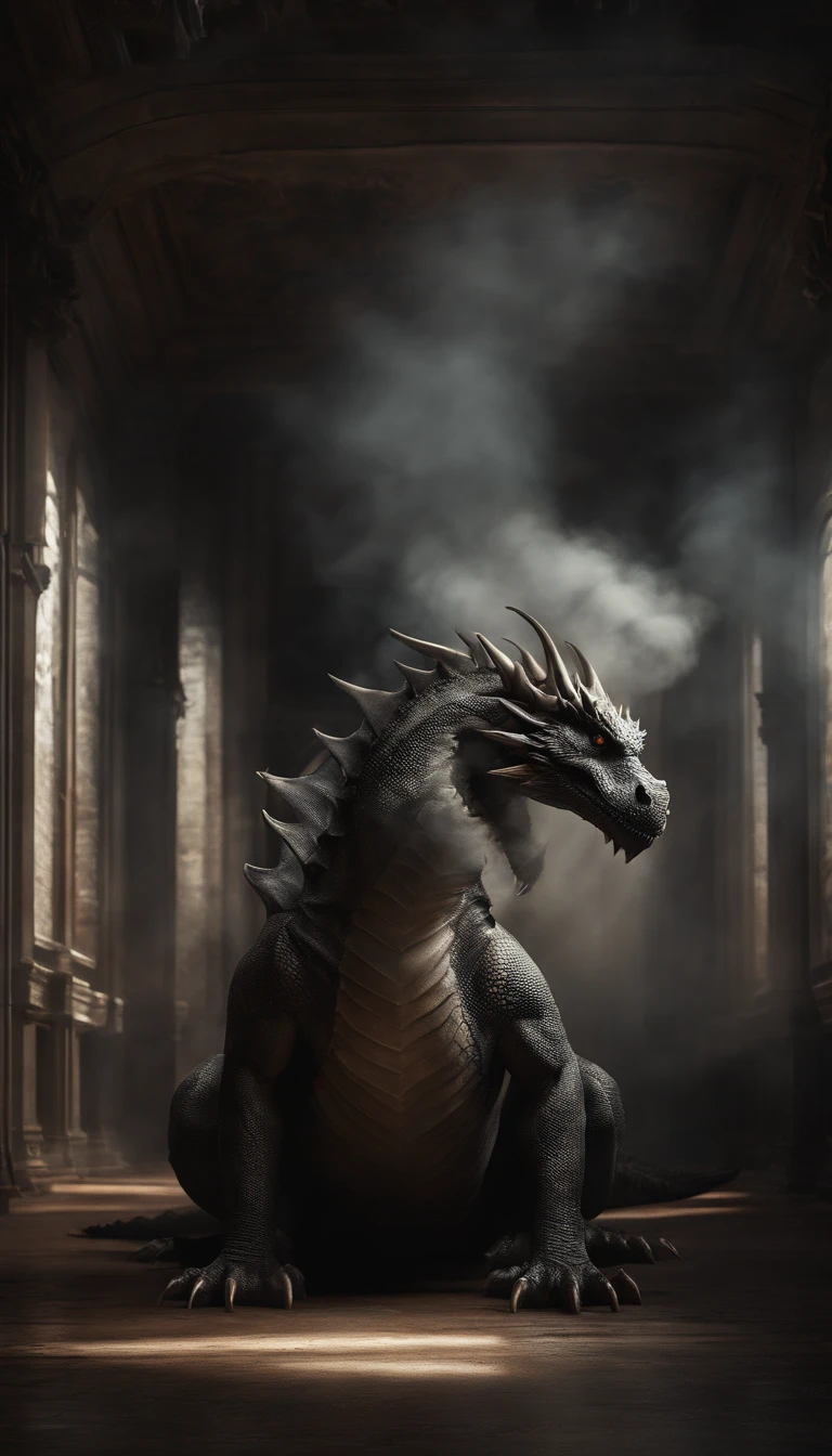 There is a dragon that is in a building with smoke, Epic 3d Illustrations., epic dragon, surreal digital artwork, photorealistic dark concept art, inspired by Darek Zabrocki, dramatic work of art, impressive great composition, hyperrealistic fantasy art, a drug, surreal dark art, detailed 3d digital art, dystopian digital art, Arte VFX, surreal conceptual art