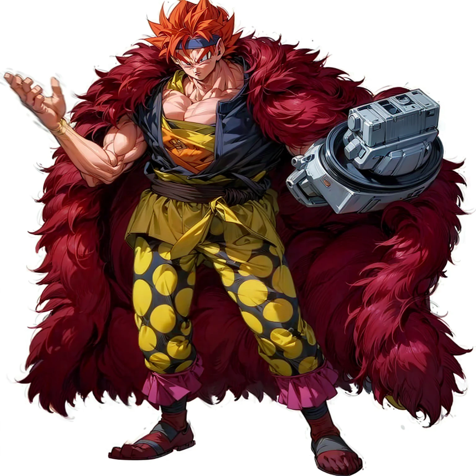 Red eyes, red hair, muscle, robotic hand, motion blur, (dragon ball style art)