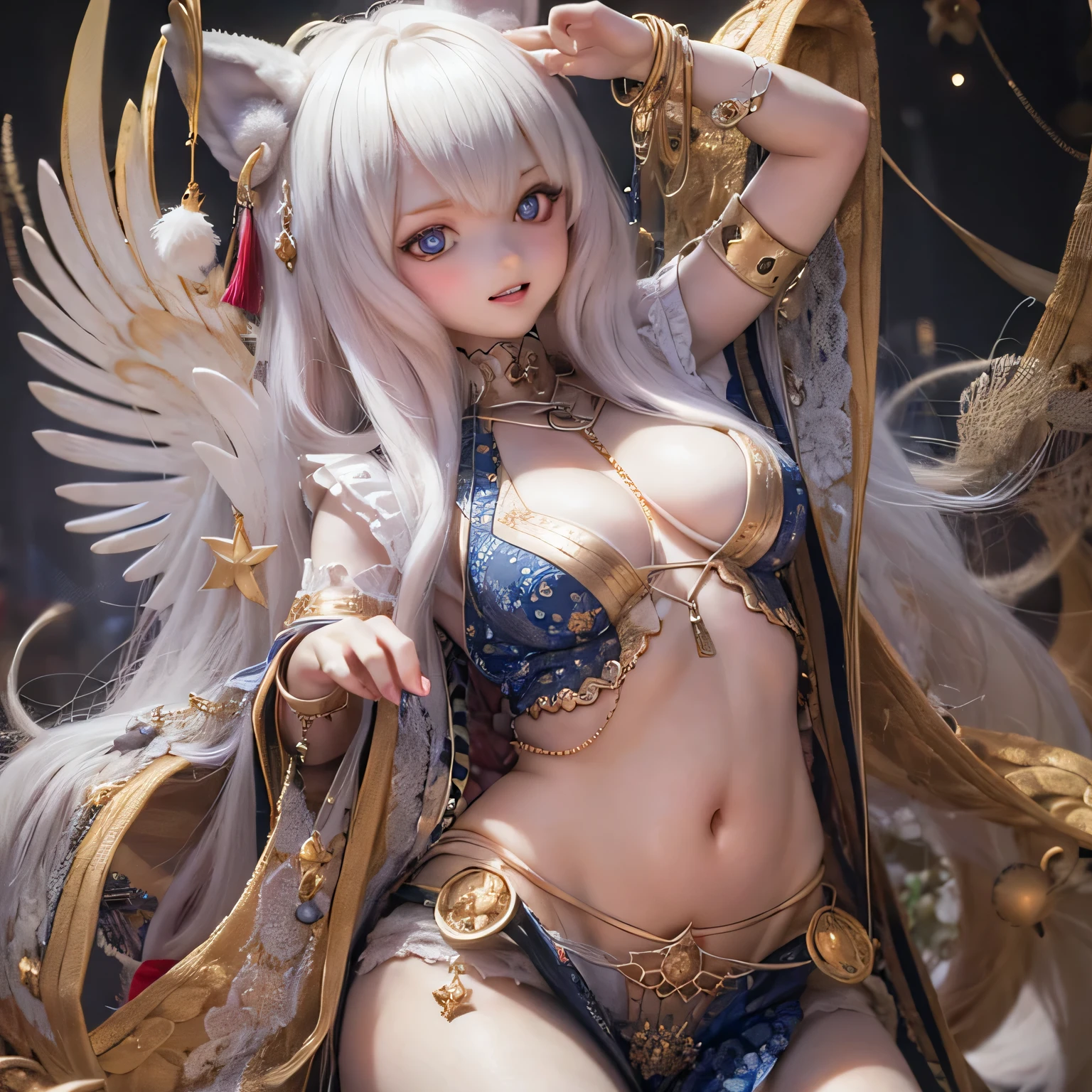 (Highest quality, High resolution, Realistic:1.37),Very detailed, Beautiful details,Beautiful lip detail,Very detailed目と顔,Long eyelashes,One Girl,Sharp focus,Vibrant colors,Soft lighting,Fenrir Girls,Big Breasts,Fantasy elements,,ice magic,Flowing Hair,Heavenly beauty(((((whole body)))))cute cute Sexy pose (((Sexy pose)))(((((((s old)))))))(((pretty girl))) 、 Cute Feet、(((((Belly dance))))) Smiling Stage