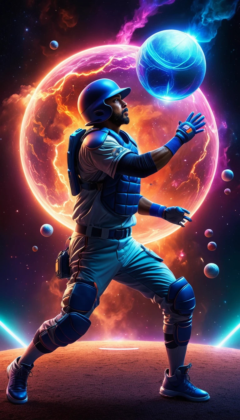 a cosmic baseball player hitting a ball, sci-fi, hyperrealistic, highly detailed, 8k, volumetric lighting, dramatic cinematic lighting, dramatic poses, dynamic action, ultra-detailed, photorealistic, intricate details, cinematic composition, dramatic angles, space background, nebulae, glowing energy orbs, neon colors, futuristic sci-fi elements