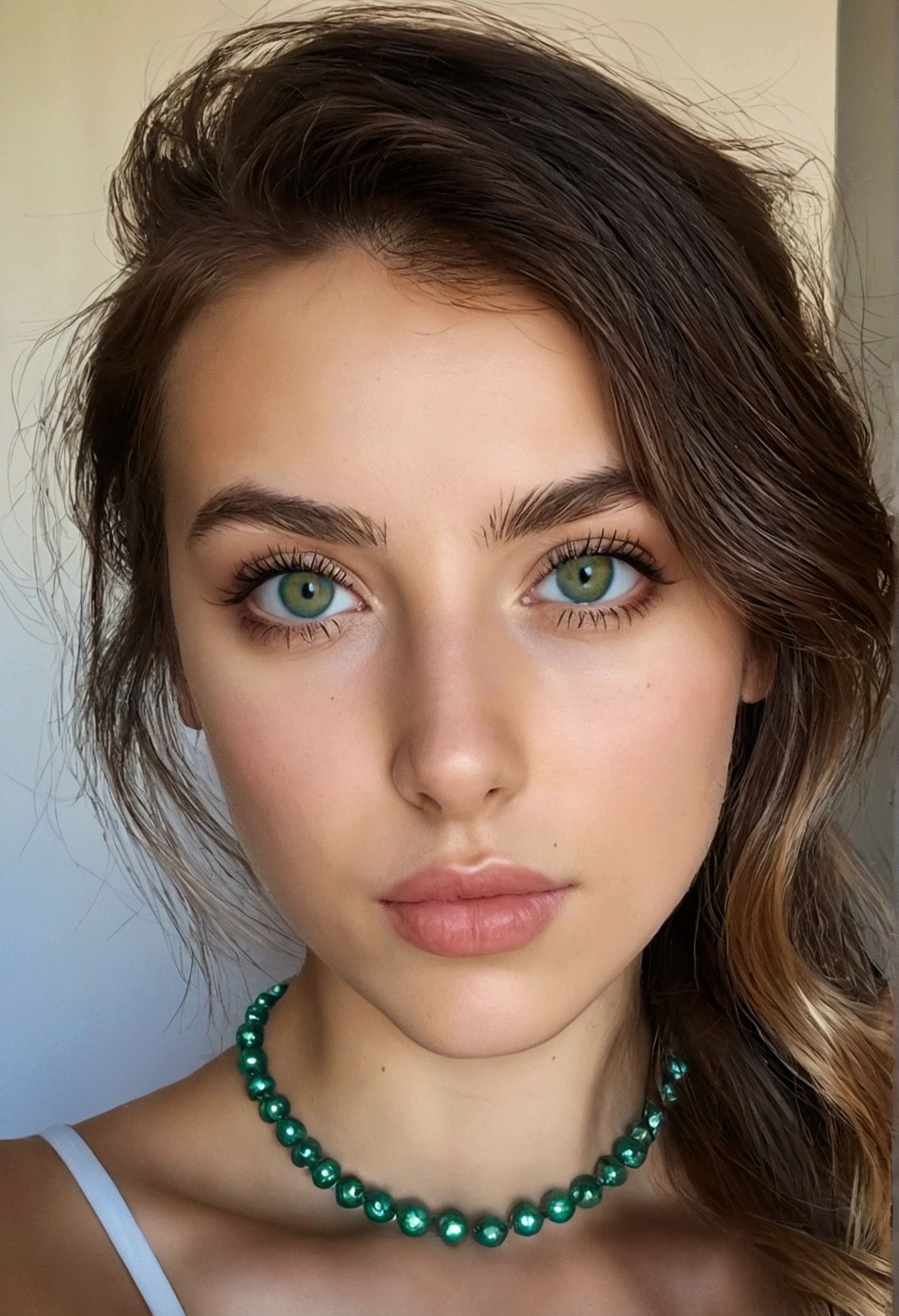qualité d'image la plus élevée, Détails exceptionnels, Ultra haute résolution, (le réalisme: 1.4) Femme avec débardeur blanc et collier, fille sexy aux yeux verts, portrait sophie mudd, cheveux bruns et grands yeux, Selfie d'une jeune femme, Les yeux dans la chambre, violette myers, sans maquillage, maquillage naturel, Regarder directement dans la caméra, Visage avec Artgram, maquillage subtil, Superbe photo de tout le corps, yeux verts perçants