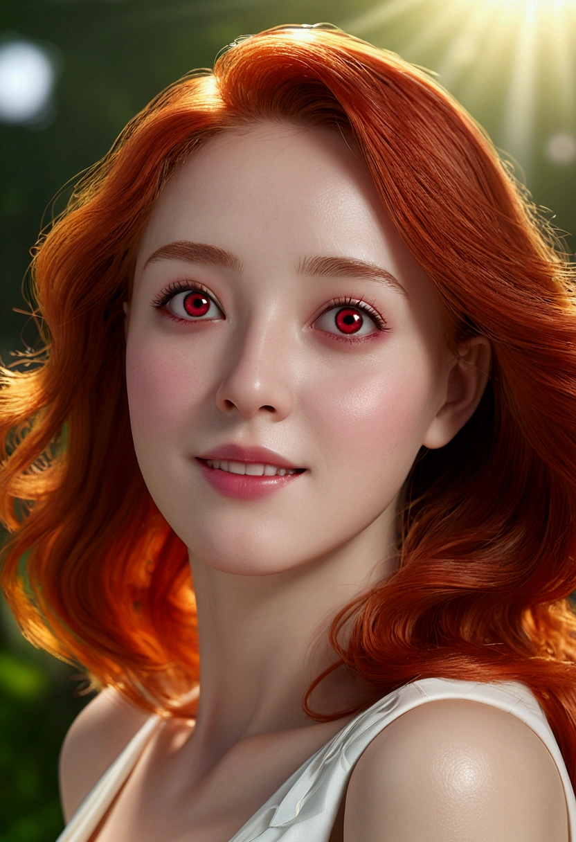 (highest quality, 4k, High resolution, masterpiece:1.5), Super detailed, (real, photorealistic:1.37), cinematic light, Bright colors and mesmerizing effects, Soft and delicate lighting, gentle shine, Lens flare, Beautiful and gentle atmosphere throughout the scene, 1 woman, (red hair, long straight, red eyes), happy expression, facing the front, Raise your arms and put your hands behind your head:1.5, photo shoot,  girls , shiny skin, perfect fingers, five fingers, anatomically correct, background bokeh, 500㎜, f/4, photo shoot,