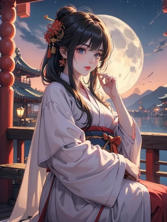 (Highest quality、masterpiece、High resolution、8K)、Vibrant colors、Japanese Festivals、Digital Art、City of night、Midsummer evening、A beautiful full moon in the distance、Beautiful yukata、