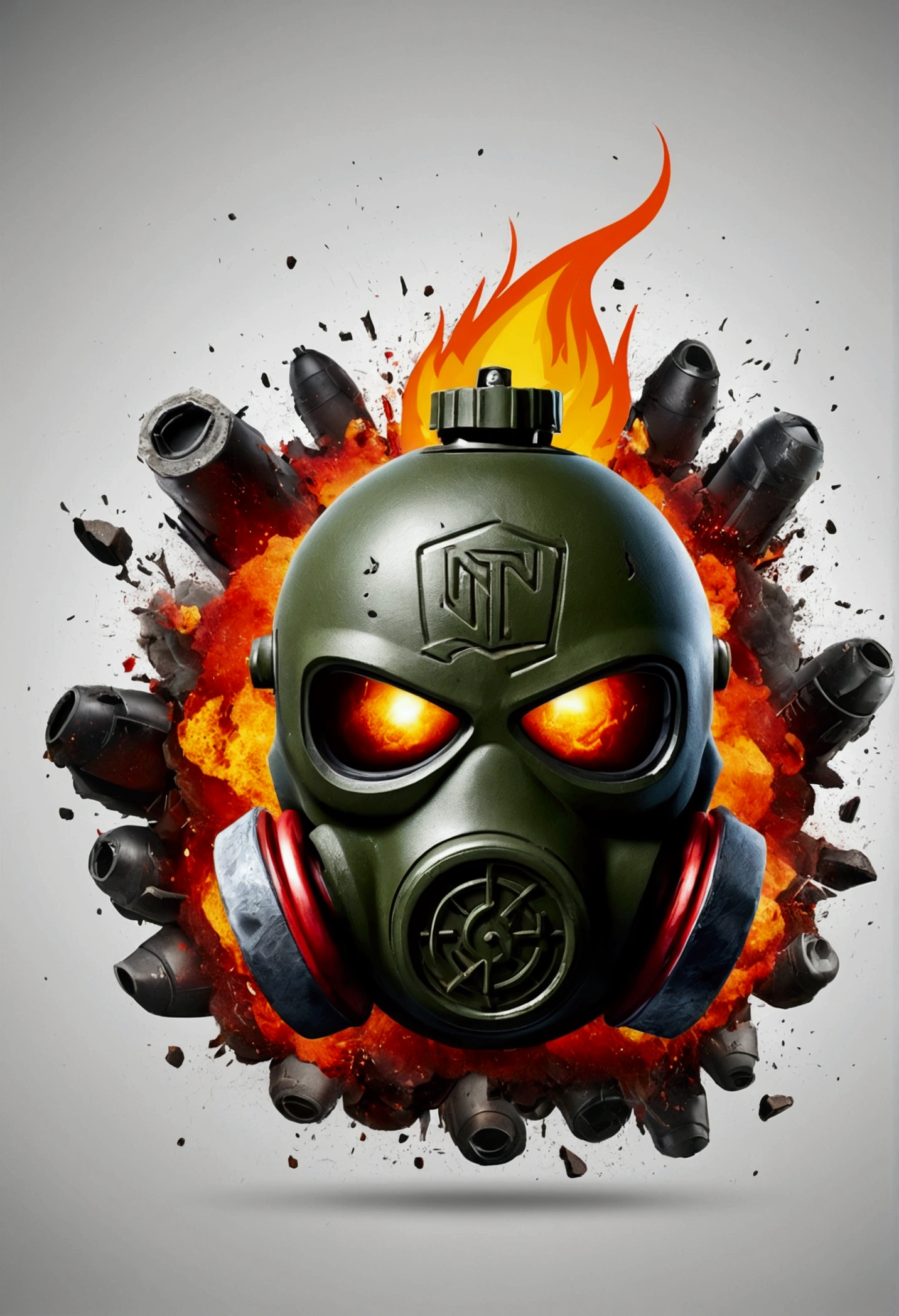 LOGO explosive grenade with face, evil feature, COMPANY BRAND LOGO TNT ESPORTS, War scenario with a lot of destruction