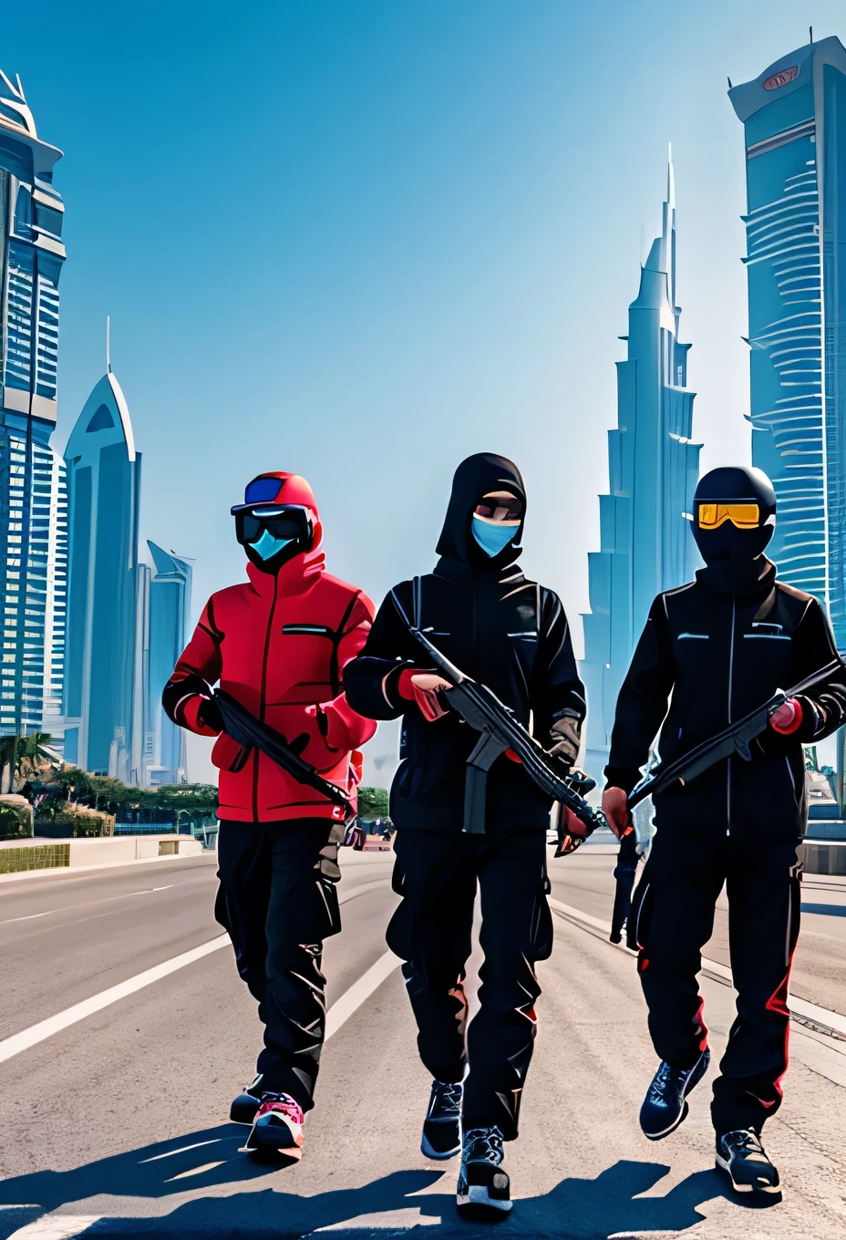Chinese people dressed in ski masks, carrying guns, In the city of dubai、 on the road. The background is modern and cyberpunk, high tech vibe. Lovely Digital Painting, 3D rendering, Bright lighting, swirly vibrant colors.
