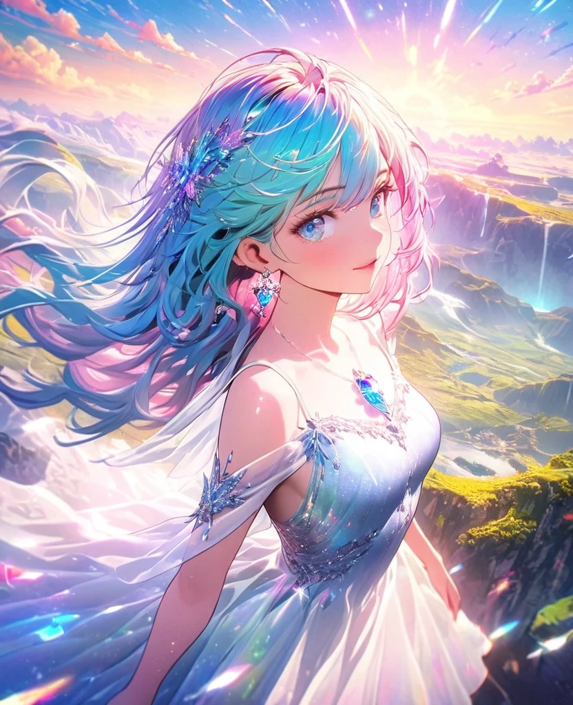 8K,gal，an extremely delicate and beautiful,Beautiful and realistic skin,Shiny jewel-like earrings,Long colorful hair,beautiful eyes,full body,near future,shining landscape