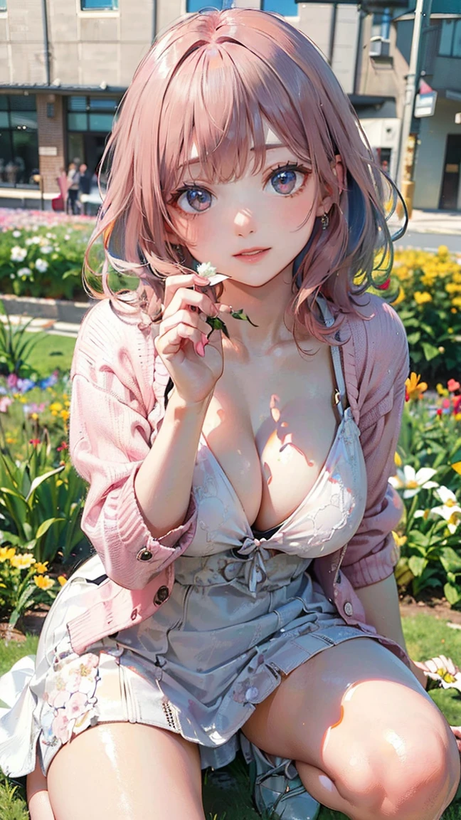 (Masterpiece, BestQuality:1.3), (ultra detailed:1.2), (hyperrealistic:1.3), (RAW photo:1.2), High detail RAW color photo, professional photograph, (Photorealistic:1.4), (realistic:1.4), (Pink Hair:1.5), professional lighting, perfect anatomy, (Big Breasts:1.2), (blush, detailed face), (A happy smile:1.7), sexly, erotic sexly, Random sexy gravure poses, (White dress with floral cardigan、The background is a flower field、Move the straps of the dress slightly、A pose where she squats down and picks flowers while emphasizing her bust。:1.3)