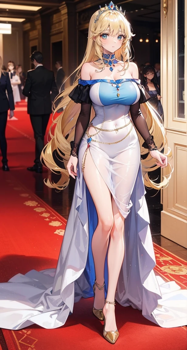 Beautiful woman，(Has long blonde hair)，noble，(Princess)，Blue Student，tall and big，((Off-shoulder dress))，Low Skirt，(Celebrity evening gowns)，Show your legs，Crystal high heels，Red carpet，Prom website，(noble)，(Big tits)