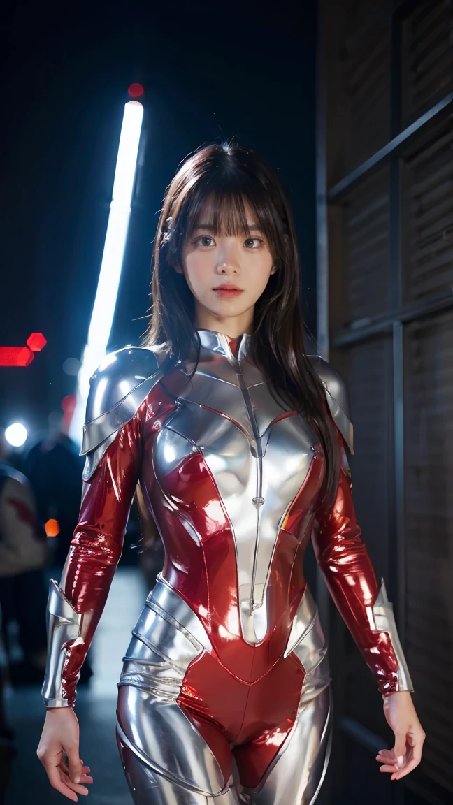 Ultraman、realistic、realistic、cinematic lighting, Girl in a shiny red and silver suit、15 years old、professional photos、Don&#39;Do not expose your skin, japanese model, japanese cgi、Ultraman Suit、, Power Rangers Suit、tight and thin cyber suit,Whole body rubbery、There&#39;s pink There、 delicate body, big breasts、small ass、thin thighs、thin arms、thin waist、camel toe、Both sides of the cyber suit stick to the skin、Big eyes、black short hair、facing the front、facing the front立っている、A glowing sphere is embedded in the chest.、Essay Examination、 blue sky background