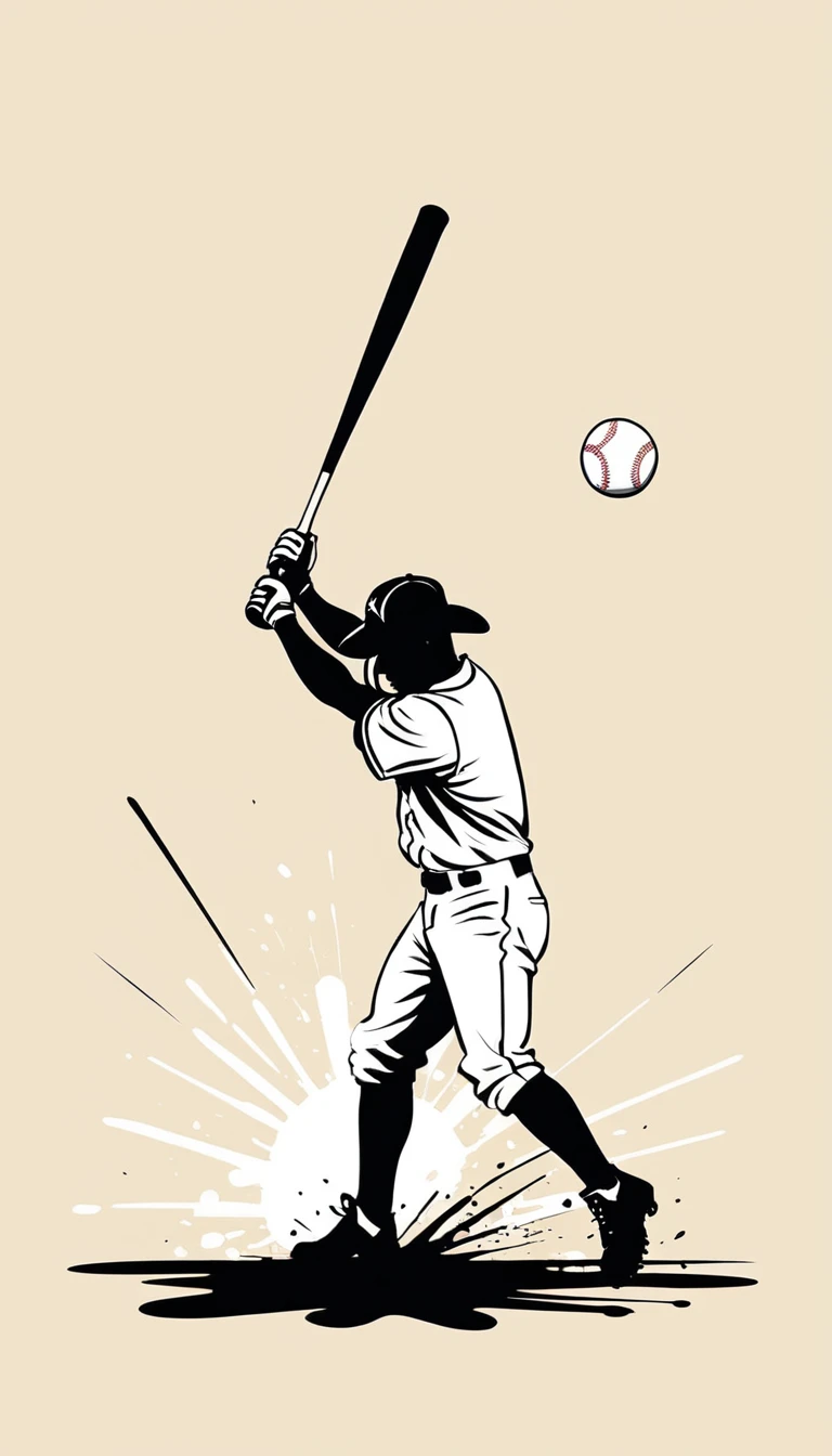 ink art, cowboy shot, baseball player hitting ball, simple art, simple lines, ink, simple colors, simple bakground, logo, vector art