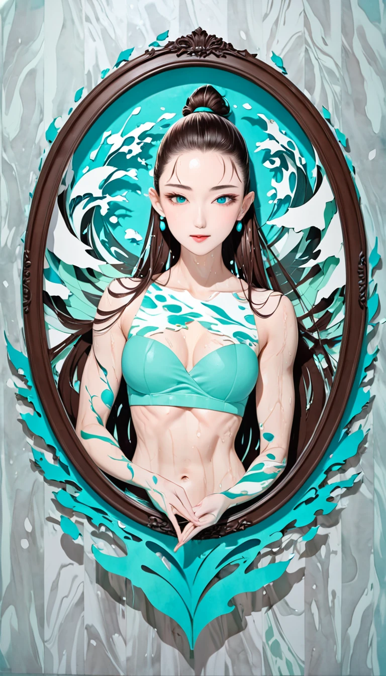 Tiffany blue and white and Tiffany green and brown marbled pattern, beautiful woman, abs, slim and muscular beauty, long hair pushed back with both hands, gorgeously carved oval picture frame, conceptual installation pop art, 2.5D, delicate and dynamic, fusion of watercolors and oil paintings, fusion of paper cutting and shadow puppetry, magic of vivid color shades and contrasts, gradation, wet in wet, water splash, foggy filter effect, Ichiro Tsuruta, Cute Girl