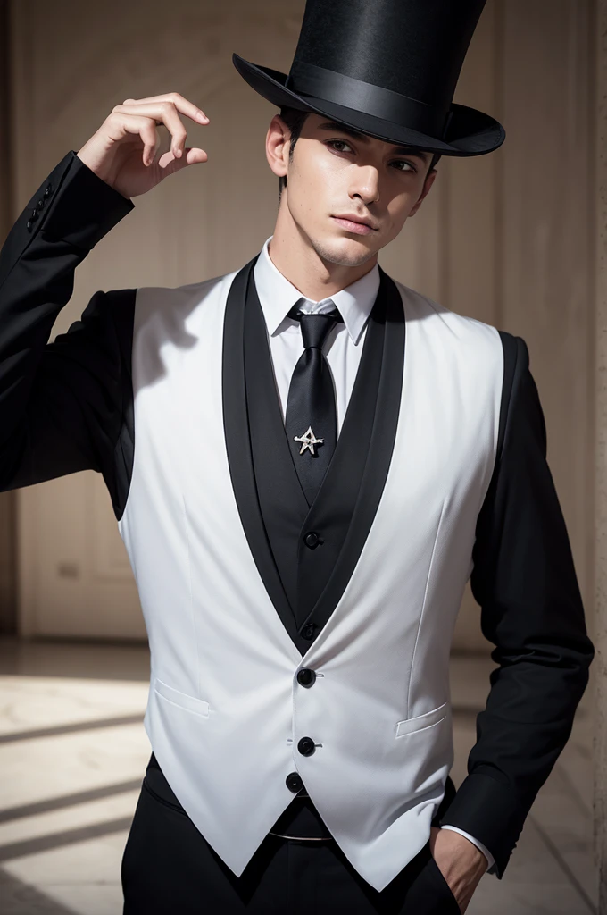 Create an image of a man dressed in a black suit, white shirt and blue tie. He wears a black top hat on his head and a Masonic collar around his neck.. The man is also wearing a Freemason apron with symbols of Freemasonry. He is doing the silence gesture, putting your index finger to your lips. Ao fundo, there is a Masonic building and the floor is in a black and white checkerboard pattern.