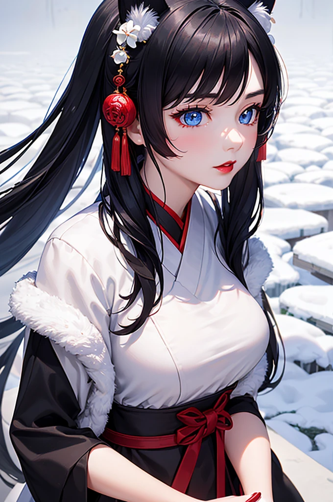Detailed facial details，16 years old，1 girl，Red lips，Cat ear，Black long hair，Wearing snow-white lace pajamas，Large Breasts，Slim，Handcuffs，Collar，Radiant Skin，Sitting on the bed，bedroom
