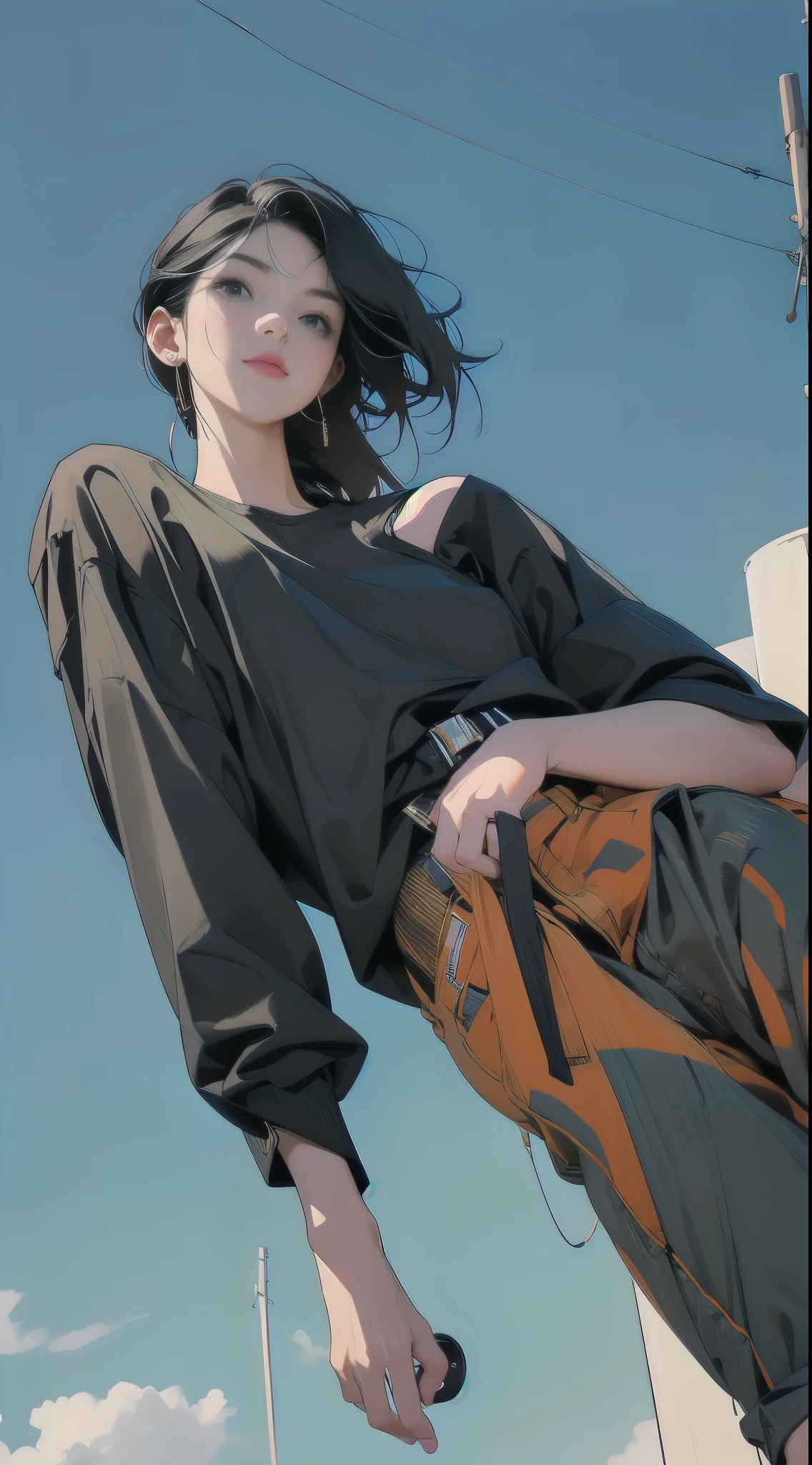 1girl, solo, long hair, looking at viewer, shirt, black hair, sitting, shoes, sleeveless, pants, medium hair, black eyes, black shirt, sleeveless shirt, ground vehicle, yellow pants, orange pants, washing machine
