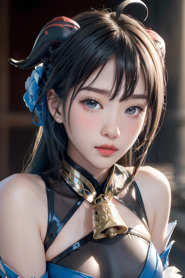 (photorealistic:1.4), (masterpiece, sidelighting, finely detailed beautiful eyes: 1.2), masterpiece*portrait, realistic, 3d face,
ganyu \(genshin impact\), 1girl, ahoge, architecture, bangs, bare shoulders, bell, black gloves, black pantyhose, (blue hair), blush, breasts, chinese knot, detached sleeves, flower knot, gloves, horns, long hair, looking at viewer, medium breasts, neck bell