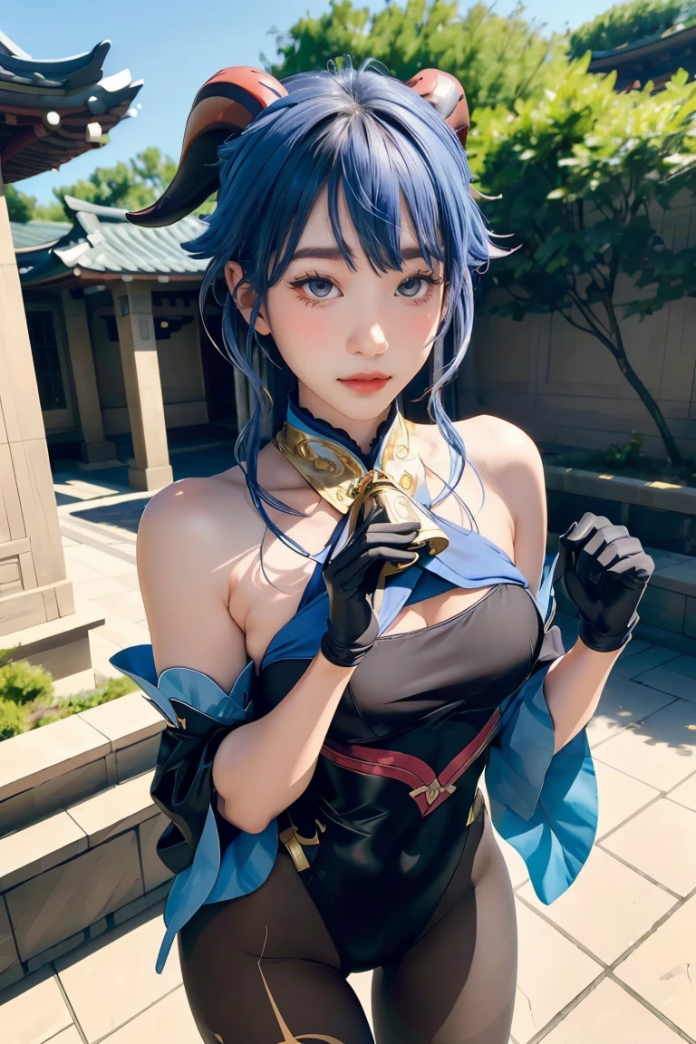 (photorealistic:1.4), (masterpiece, sidelighting, finely detailed beautiful eyes: 1.2), masterpiece*portrait, realistic, 3d face,
ganyu \(genshin impact\), 1girl, ahoge, architecture, bangs, bare shoulders, bell, black gloves, black pantyhose, (blue hair), blush, breasts, chinese knot, detached sleeves, flower knot, gloves, horns, long hair, looking at viewer, medium breasts, neck bell