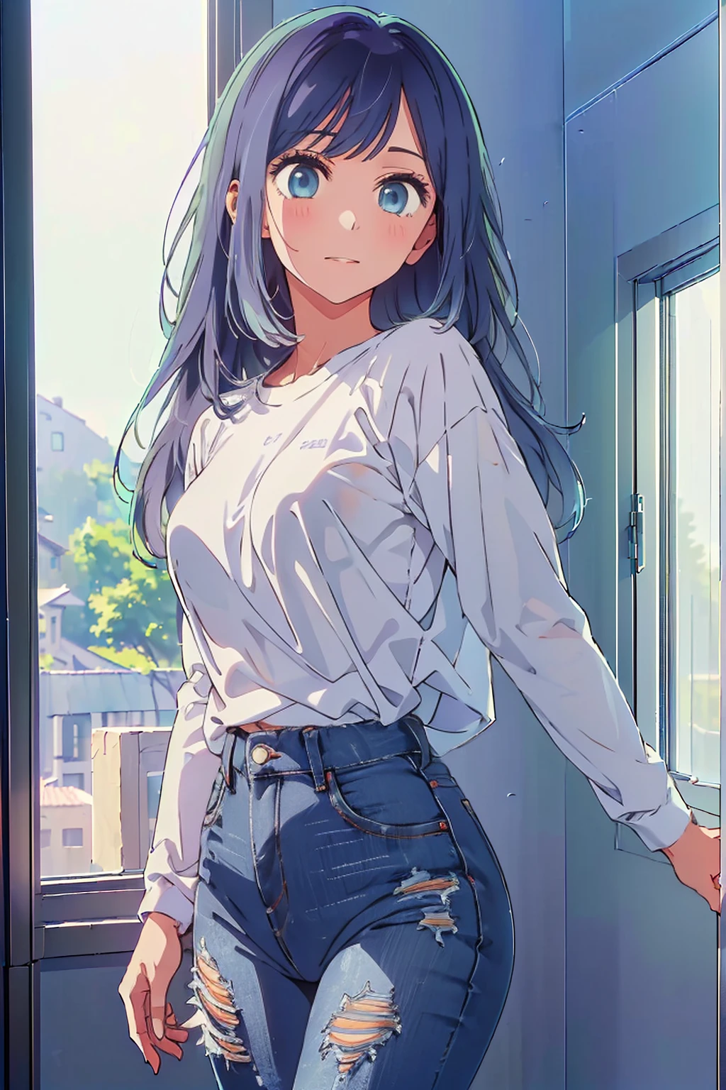 (Highest quality:1.4、masterpiece:1.4、Super detailed:1.4、8K:1.4)、((((1 person、Surprised expression、Windowless dance studio、White long sleeve T-shirt、jeans、Big eyes、Very cute face))))、(Long Hair:1.4)、F cup bust、Medium breast