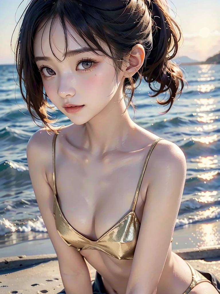 One Girl,(1人のとてもcute女の子:1.3),masterpiece,Highest quality,High resolution,From below,Low - Angle,Photorealistic,RAW Photos,Ray Tracing,Physically Based Rendering,beautiful girl,(:1.3),cute,Big eyes,(detailed pupils:1.2),(The face is facing straight ahead:1.3),Body facing forward,Beautiful nose,High nose,Upturned nose,Fuller lips,Short black hair,ponytail,short hair,Detailed eyelashes,Thin eyebrows,Very fine grain definition,(Symmetrical eyes,Golden Ratio:1.3),(Face close-up,Face Focus:1.0),Small breasts,Short neck,White swimsuit,White Bikini,The background is the sea,Southern Island,sunset,Sunset,Portrait,View Viewer,Upper Body,Cinema Lighting,High resolution,Very detailed