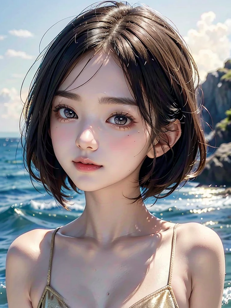 One Girl,(1人のとてもcute女の子:1.3),masterpiece,Highest quality,High resolution,From below,Low - Angle,Photorealistic,RAW Photos,Ray Tracing,Physically Based Rendering,beautiful girl,(:1.3),cute,Big eyes,(detailed pupils:1.2),(The face is facing straight ahead:1.3),Body facing forward,Beautiful nose,High nose,Upturned nose,Fuller lips,Short black hair,ponytail,short hair,Detailed eyelashes,Thin eyebrows,Very fine grain definition,(Symmetrical eyes,Golden Ratio:1.3),(Face close-up,Face Focus:1.0),Small breasts,Short neck,White swimsuit,White Bikini,The background is the sea,Southern Island,sunset,Sunset,Portrait,View Viewer,Upper Body,Cinema Lighting,High resolution,Very detailed