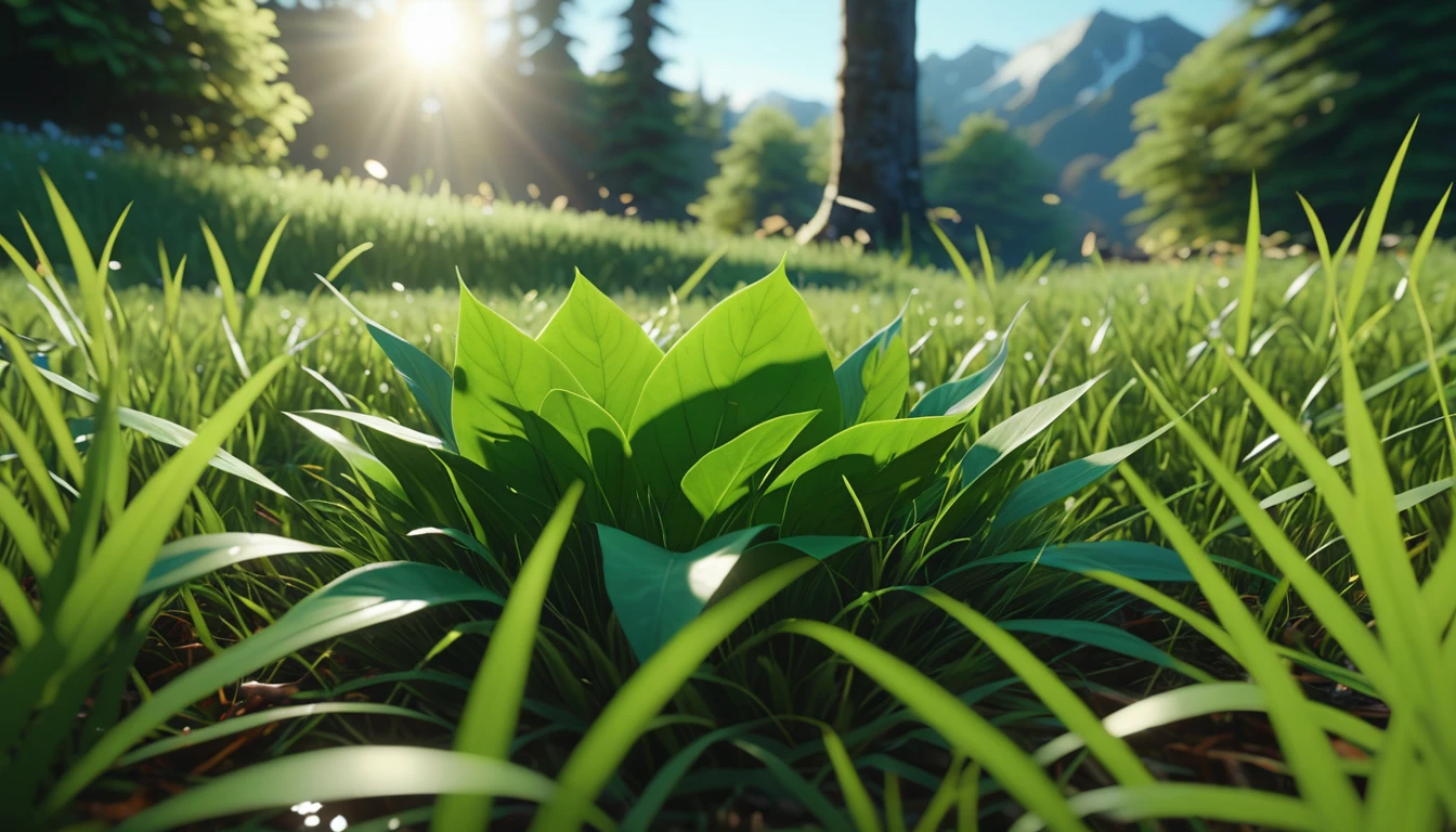 there is a 青い葉 that is sitting on the ground in the grass, masterpiece. rendered in blender, 4 k masterpiece, 4k masterpiece, god\'s creation, masterpiece ; behance hd, close establishing shot, spiritual masterpiece, 2 0 2 1 cinematic 4 k framegrab, 8 k masterpiece, 8k masterpiece, bright light masterpiece, masterpiece 8 k,nature photography 4k, november, cinematic widescreen shot, leaves and magic, high quality screenshot, 2 0 2 1 cinematic 4 k framegrab, wide screenshot、雪が薄く積もっている