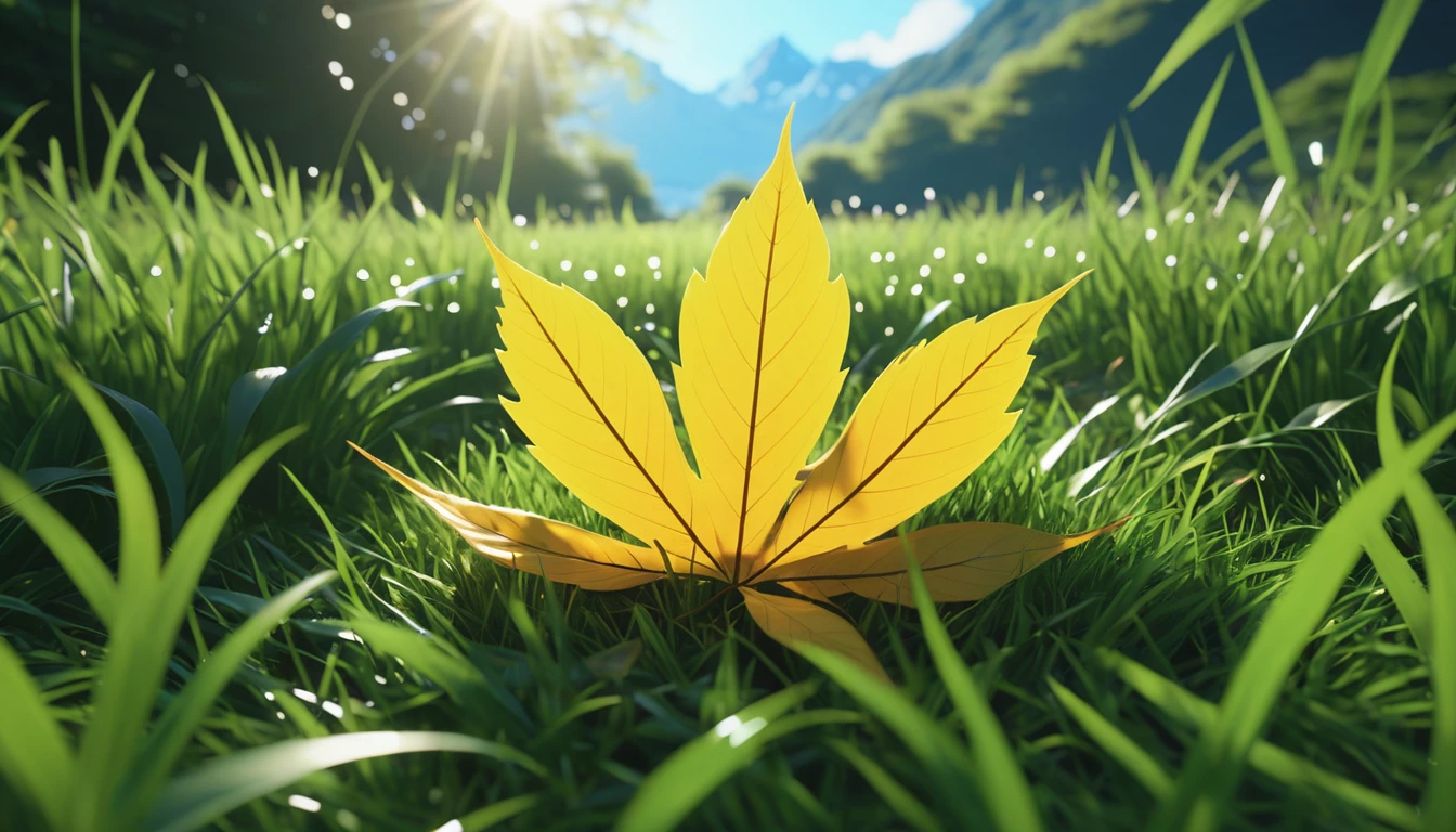 there is a 青い葉 that is sitting on the ground in the grass, masterpiece. rendered in blender, 4 k masterpiece, 4k masterpiece, god\'s creation, masterpiece ; behance hd, close establishing shot, spiritual masterpiece, 2 0 2 1 cinematic 4 k framegrab, 8 k masterpiece, 8k masterpiece, bright light masterpiece, masterpiece 8 k,nature photography 4k, november, cinematic widescreen shot, leaves and magic, high quality screenshot, 2 0 2 1 cinematic 4 k framegrab, wide screenshot、雪が薄く積もっている