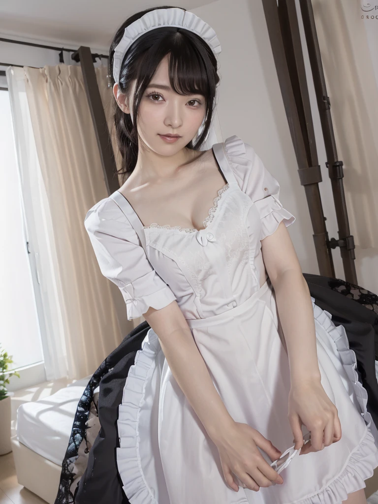 (Highest quality:1.9)、(High resolution)、Live-action image quality、((20-year-old woman、1 person))、Soft lighting by a professional photographer、Natural light、((Very spacious white luxurious room:1.6))、((Bright white room:1.6))、(Standing in front of a very luxurious white bed:1.2)、(White bookshelf background:1.1)、Natural soft light、((Black Hair Color:1.1))、Fair skin、Detailed Eyes、double eyelid、Slightly puffy cheeks、((Small Face:1.0))、(Black lace frilly maid outfit:1.5)、(black maid_cosplay:1.5), (breasts, puffy short sleeves, puffy sleeves, short sleeves, maid headdress, chain, frills, cowboy shot, large breasts, pointy hair, gloves,gothic, gothic maid)、(Cute Smile)、((Girly pose 1.8))、((Curly Hair:1.1))、((Full Body Shot:1.2))、((Height: 165cm))、Hands in front、Holding hands in front of the apron