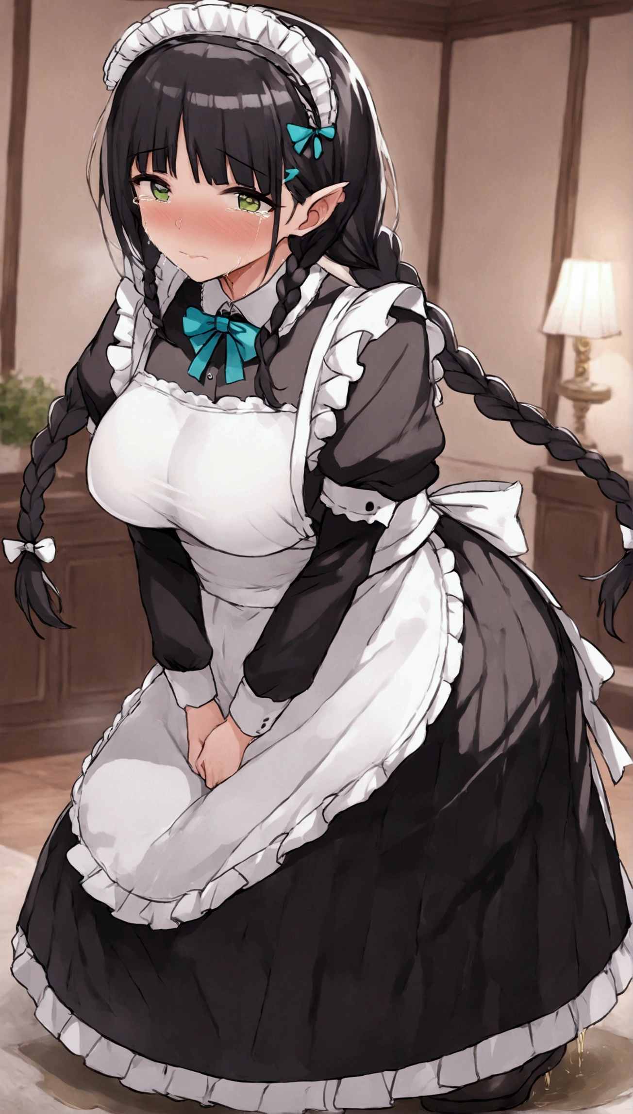 Anime. 1 girl. Housemaid. Ssbbw. Black hair. Long hair. Hair is gathered in braids. Green eyes. Beautiful eyes. Perfect eyes. Expressive eyes. Beautiful nose. Snotty nose. Snot flows from the nose. Very thick body. Very thick hands. Very thick legs. Big fat belly. Big fat ass. Big breasts. Beautiful breasts. Maid uniform. Standing. Full height. Living room of a luxury mansion. Cold. Runny nose. Nasal mucus. Snot. Wants to sneeze. You need to sneeze. Sneezes. Sneezes with snot. Snot comes out of her nose when she sneezes. Handkerchief. She covers her nose with her hands and a handkerchief. Blows his nose. Wants to pee. Need to pee. She peed herself. Urine runs down my thighs. Embarrassment. Blush. Tears in my eyes. Cry. Whole body. Extremely detailed CG Unity 8k wallpaper. Ideal lighting. Ultra high resolution 4K. Super detailed 8K resolution.