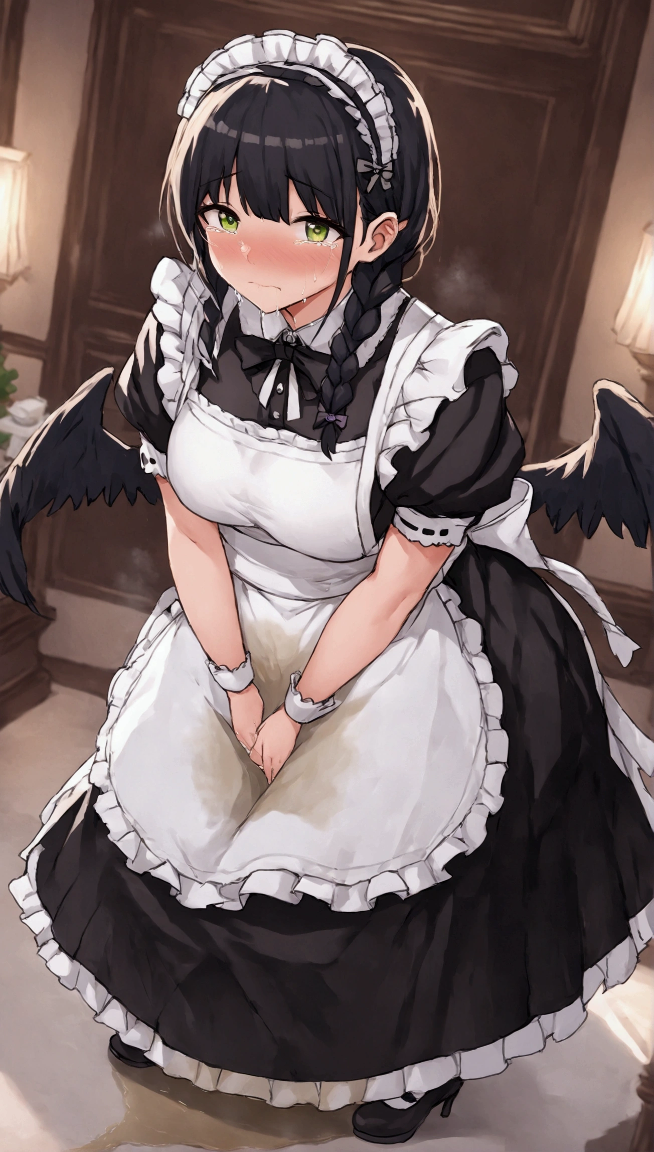 Anime. 1 girl. Housemaid. Ssbbw. Black hair. Long hair. Hair is gathered in braids. Green eyes. Beautiful eyes. Perfect eyes. Expressive eyes. Beautiful nose. Snotty nose. Snot flows from the nose. Very thick body. Very thick hands. Very thick legs. Big fat belly. Big fat ass. Big breasts. Beautiful breasts. Maid uniform. Standing. Full height. Living room of a luxury mansion. Cold. Runny nose. Nasal mucus. Snot. Wants to sneeze. You need to sneeze. Sneezes. Sneezes with snot. Snot comes out of her nose when she sneezes. Handkerchief. She covers her nose with her hands and a handkerchief. Blows his nose. Wants to pee. Need to pee. She peed herself. Urine runs down my thighs. Embarrassment. Blush. Tears in my eyes. Cry. Whole body. Extremely detailed CG Unity 8k wallpaper. Ideal lighting. Ultra high resolution 4K. Super detailed 8K resolution.