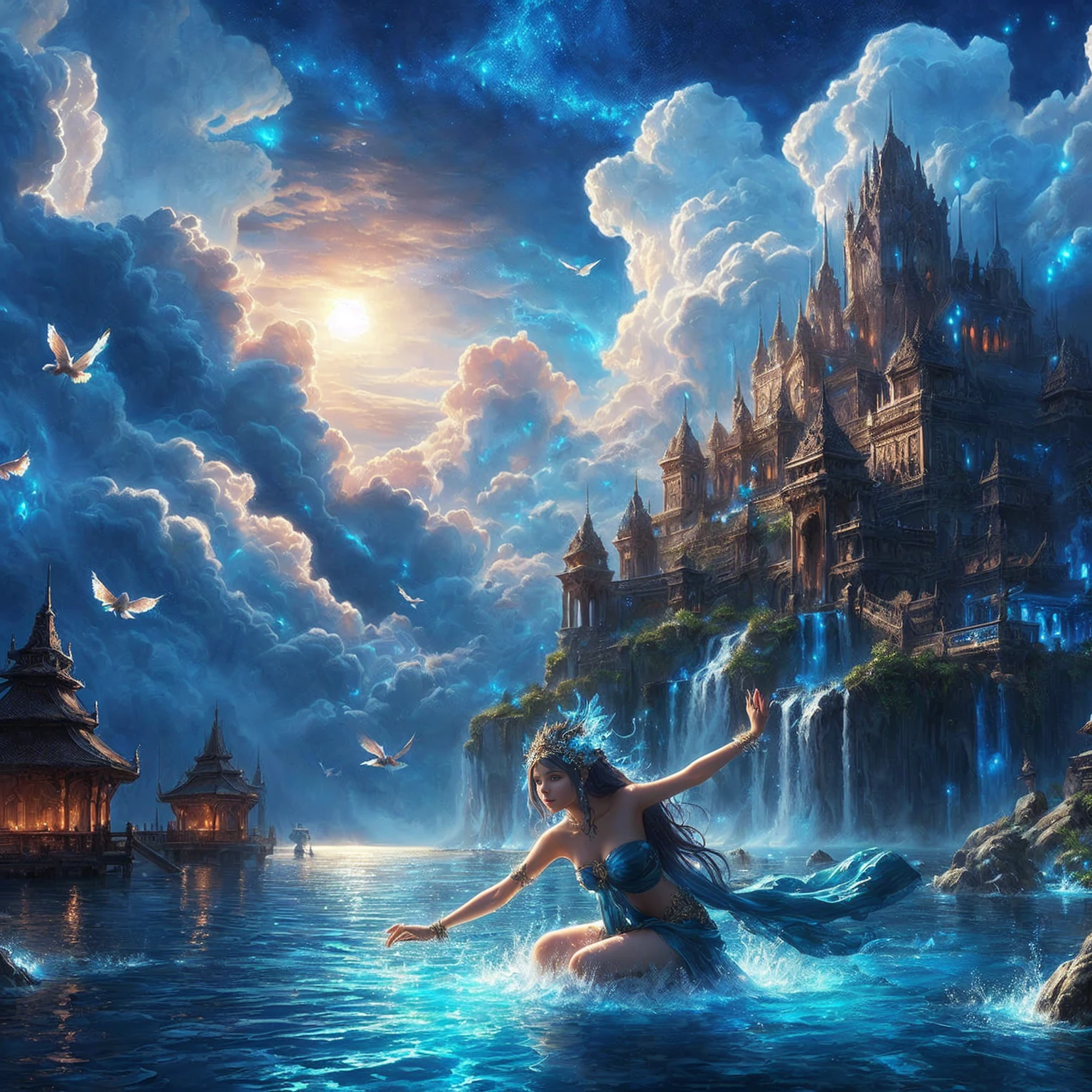 A woman in a blue dress is sitting on a rock in the water., Amazing fantasy art, beautiful fantasy art, very beautiful fantasy art, detailed Digital Fantasy Art, Fantasy closeup with water magic, Beautiful fantasy paintings, Beautifully detailed fantasy, Digital Fantasy Art, 4k fantasy art, fantasy digital art art, Fantasy water everywhere, fantasy digital art, fantasy drawing hd
