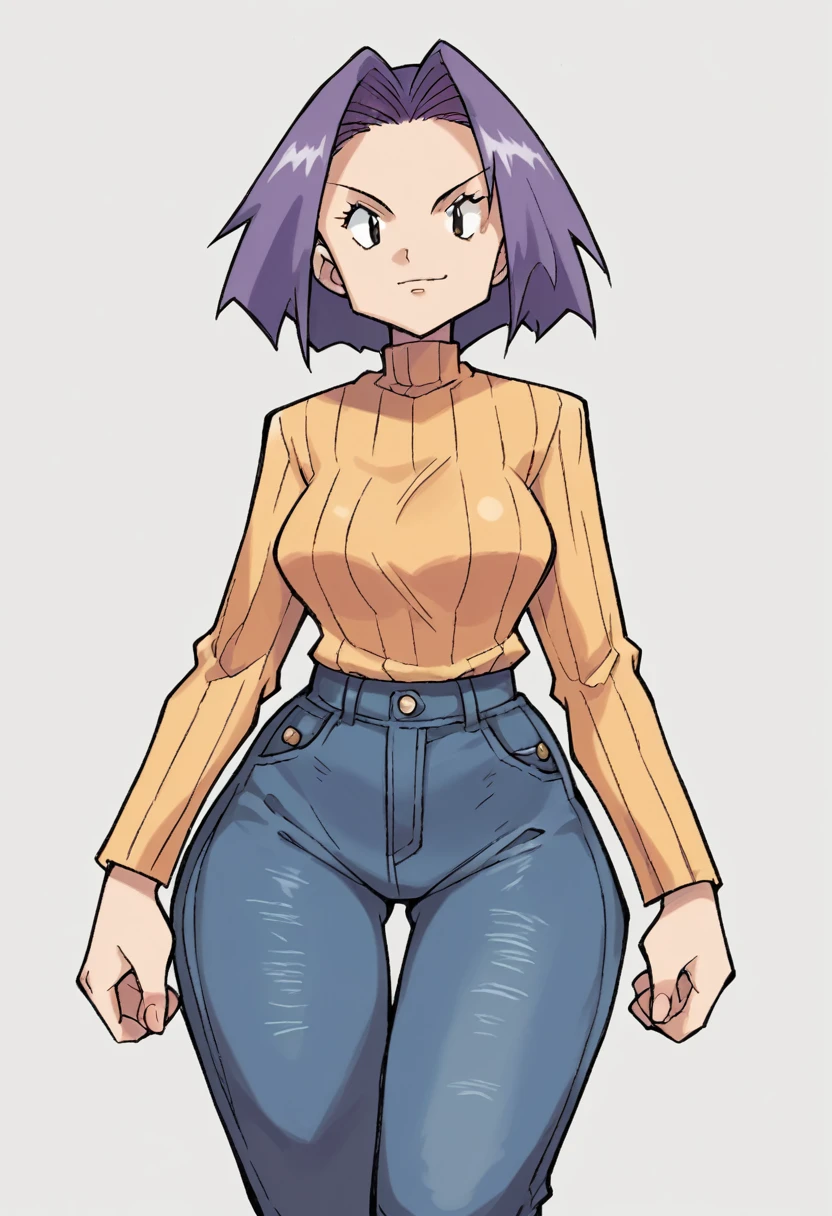 ((Human female 40 ager)), solo , purple hair  ,  manga Style ,big wide hips  , wearing Pants 