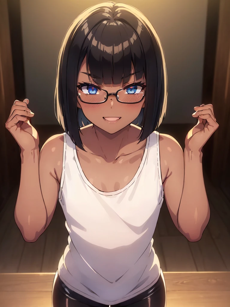 (1 femboy:1.5),(dark skin:1.5),(masterpiece:1.2), highest quality, High resolution, unity 8k wallpaper, (fine and beautiful eyes:1.6), highly detailed face, perfect lighting, Detailed CG, (perfect hands, perfect anatomy),20 years old, (black hair:1.3), detailed eyes, best quality, extremely detailed, very precise detailed, (glasses:1.4), , (straight hair:1.5), (evil smile:1.3) ,long sidelocks, (blush:1.3),(very short bob:1.4),(blunt bangs:1.4), (greaming skin:1.3),(flat chest),(tank top:1.5),(open mouth),(bike shorts),(leaning_forward),