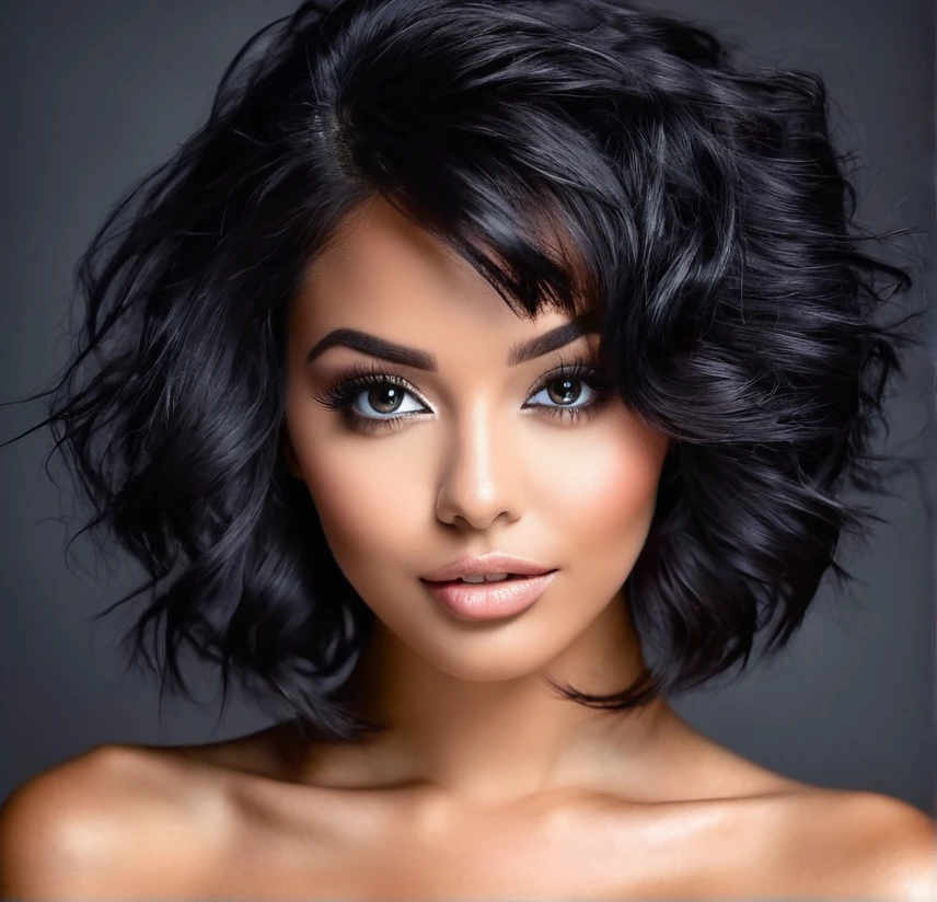 cheveux noir, femme, mignonne, jeune, haute qualité, photoréaliste, mâchoire forte humaine réaliste , grosse pommette, , yeux noir, Photographie hyperdétaillée, Lumière douce, ultra haute résolution , de face,