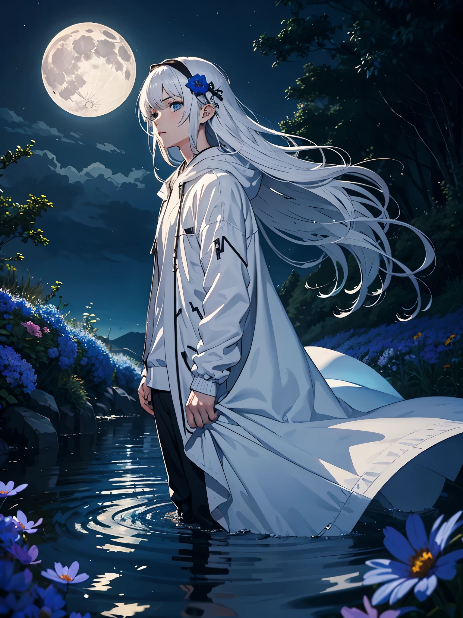 White crows! young boy. ???. Softer. Modern jacket. Modern times. Blaie Clothing. Lightening flowers. More anime. male. Blue flowers. Long hair. long white hair. aquatic, boy, God of the Moon, silver hair accessories, White hair, White dress, cape, at night.