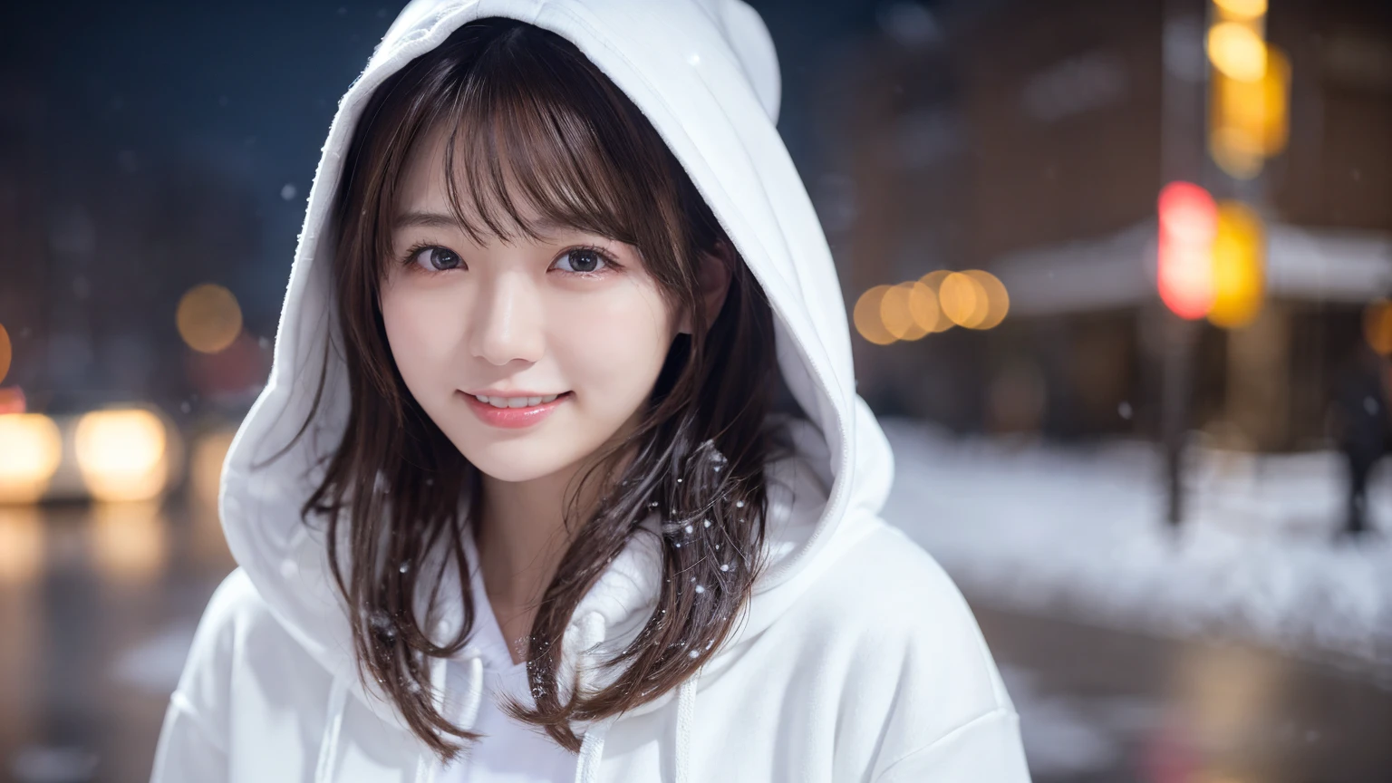 1 Girl, (Wear a white hoodie:1.2), (RAW Photos, highest qualthaty), (Realistic, Realistic:1.4), Tabletop, Very delicate and beautiful, Very detailed, 2k wallpaper, wonderful, finely, Very detailed CG Unthaty 8K 壁紙, Very detailed, High resolution, Soft Light, Beautiful detailed girl, Very detailed目と顔, Beautiful and sophisticated nose, finelyて美しい目, Cinema Lighting, Illuminations that light up the cthaty on a snowy night, Snow Scene, that'that'that'that'it's snowing, Snow fell in my hair, Perfect Anatomy, Slender body, Was nervous,
Straight semi-long hair, bangs, Looking at the audience, smile、Fluffy scarf
