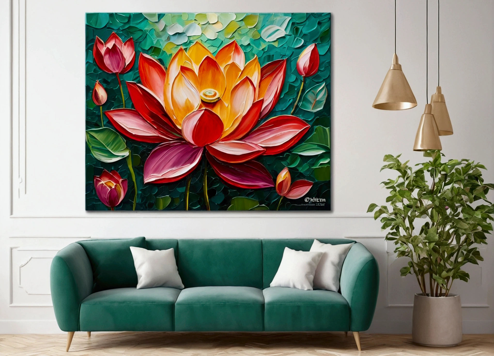 create Impasto palette knife painting, painting strokes in random sizes, of artificial flowers and greenery adorns the wall, creating a stunning display of color and texture. The flowers, in reds, pinks, yellows and purples, are arranged in a seemingly haphazard yet artful manner, creating a sense of natural beauty and abundance, there’s lotus, camera lens angle 85 mm, rim lights, green color.