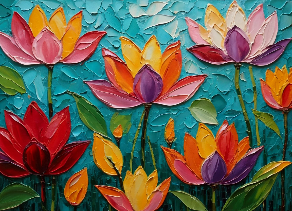 create Impasto palette knife painting, painting strokes in random sizes, of artificial flowers and greenery adorns the wall, creating a stunning display of color and texture. The flowers, in reds, pinks, yellows and purples, are arranged in a seemingly haphazard yet artful manner, creating a sense of natural beauty and abundance, there’s lotus, camera lens angle 85 mm, rim lights, green color.