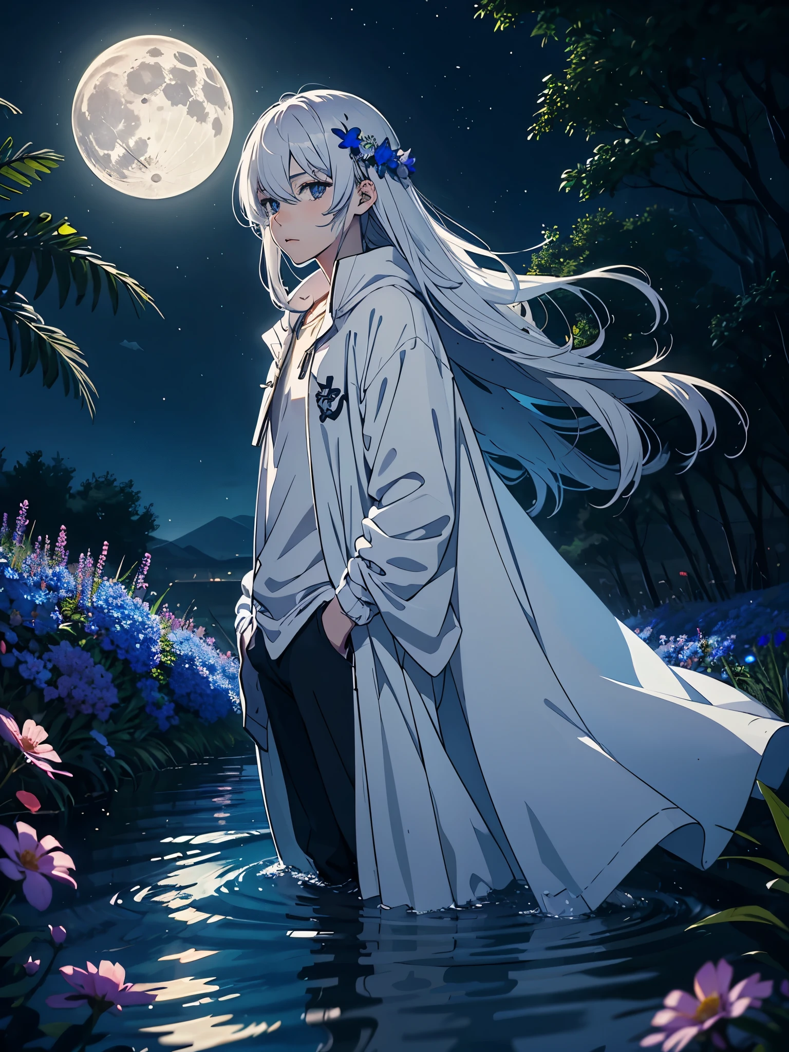 White crows! young boy. ???. Softer. Modern jacket. Modern times. Blaie Clothing. Lightening flowers. More anime. male. Blue flowers. Long hair. long white hair. aquatic, boy, God of the Moon, silver hair accessories, White hair, White dress, cape, at night.