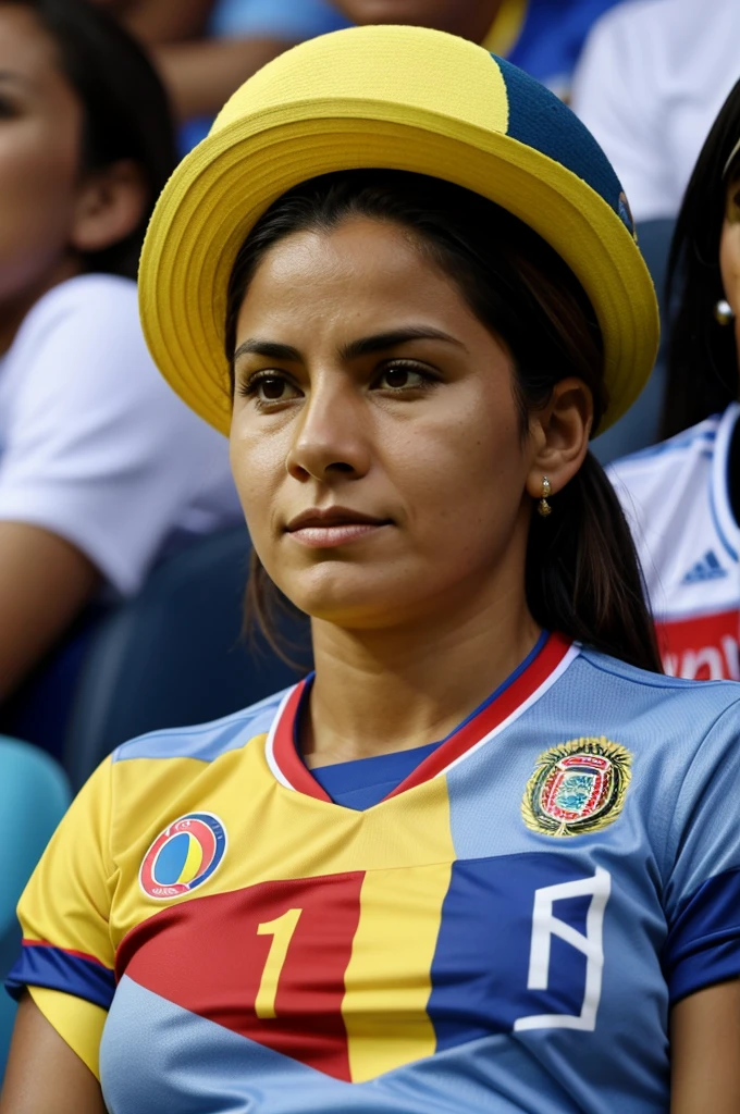 A woman wearing a Colombia national team shirt that says Marce watching a national team match
