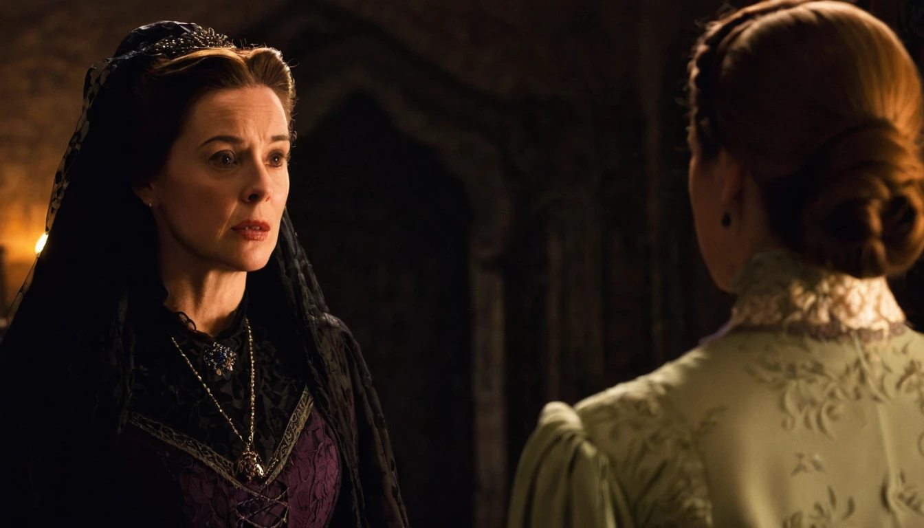 Emily speaking to Lady Ravenwood’s ghost, her face determined.