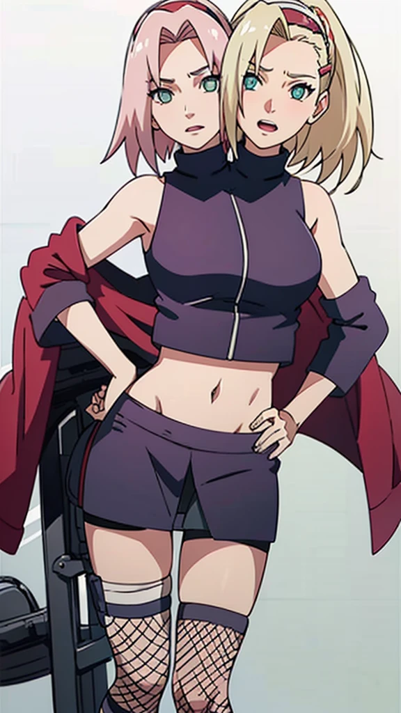 (masterpiece, best quality), best resolution, 16k, BREAK close-up, BREAK, (2heads:1.5), (cheek-to-cheek), 1girl, solo, BREAK Costum_InoYamanaka_ownwaifu, blonde hair, hair over one eye, blue eyes, high ponytail, ponytail, long hair, hairclip, hair ornament, earrings, breasts, medium breasts, purple skirt, purple shirt, turtleneck, bare shoulders, crop top, navel, midriff, fishnets, thigh pouch, fishnet armwear, fishnet legwear, bike shorts, sleeveless turtleneck, BREAK NARUTO_Sakura_Combat_ownwaifu, haruno sakura, short hair, pink hair, green eyes, hair intakes, collarbone, forehead protector, headband, red hairband, konohagakure symbol, bare shoulders, bandages, sleeveless jacket, red jacket, bike shorts, black shorts, leg wrap, bandaged leg, elbow pads, zipper, BREAK ((eyes up looking sideways:1.3)), BREAK fighting, angry, open mouth, BREAK simple background