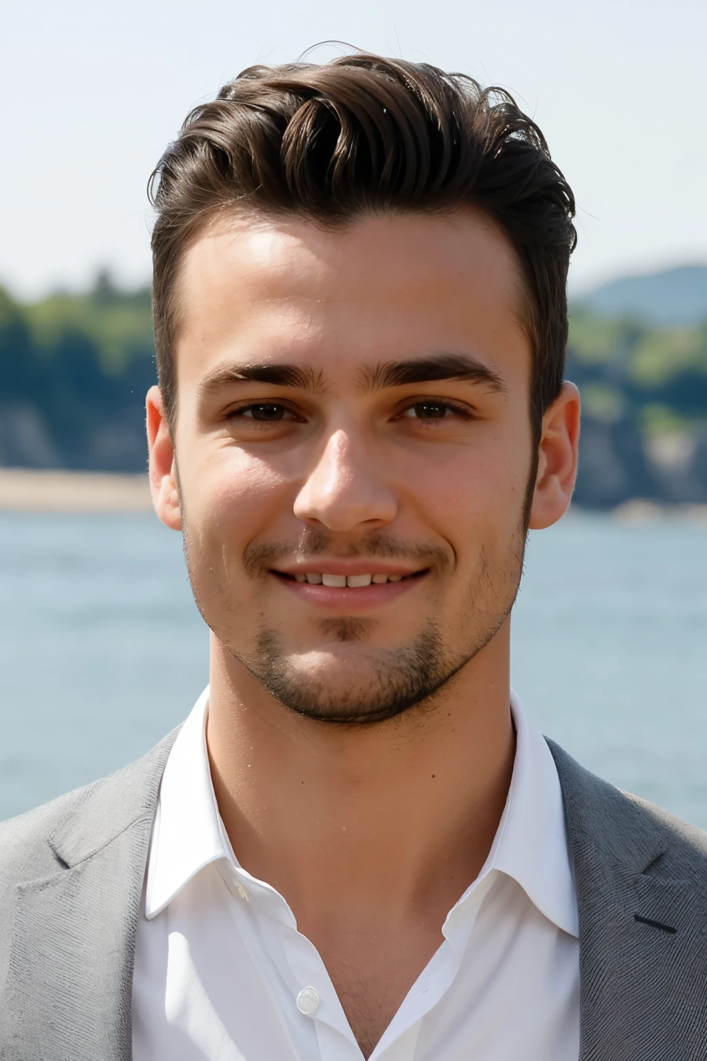 prompt = """
Portrait d'un homme portant un costume élégant pour une photo de CV. Il a les cheveux courts, bruns, bien coiffés vers le haut avec une texture épaisse. Son front est haut et dégagé, sans rides apparentes. Ses sourcils sont épais et bien définis, de couleur brune. Il a des yeux de taille moyenne et de couleur claire, avec un regard direct et confiant. Son nez est droit et proportionné par rapport au reste du visage. Il a des lèvres moyennes, bien dessinées, avec un léger sourire qui laisse entrevoir des dents blanches et bien alignées. Il porte une barbe épaisse, bien taillée, couvrant le menton et les joues, de couleur brune. Sa peau est de teint clair et uniforme, sans imperfections visibles. Il porte un costume classique noir ou bleu marine, avec une chemise blanche et une cravate assortie, projetant une image professionnelle et soignée. L'expression de son visage est sérieuse mais accueillante, idéale pour un CV professionnel.
"""