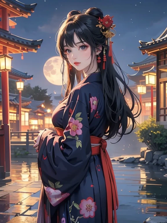 (Highest quality、masterpiece、High resolution、8K)、Vibrant colors、Japanese Festivals、Digital Art、City of night、Midsummer evening、A beautiful full moon in the distance、Beautiful yukata、