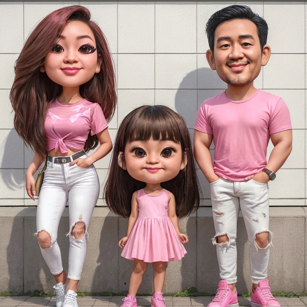 caricature 4D realistic with large heads. On the left, depict an adult Indonesian Asian man wearing a pink t-shirt, ripped white jeans, and white sneakers. On the right, depict an adult Indonesian Asian woman with long hair, wearing a pink t-shirt, white jeans, and pink high heels. In the middle, show a 3-year-old Indonesian Asian girl wearing a pink dress and pink shoes. They are standing side by side, smiling and showing a sense of camaraderie and familiarity. The background should be cool with musical elements, high quality photo, 8K