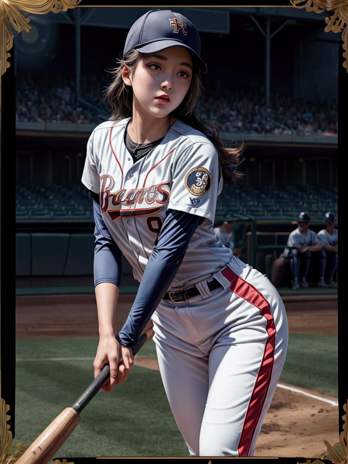 masterpiece,Highest quality,8K,High resolution,Raw photo,Professional,
Physically Based Rendering,Thin contours,
(Tarot card frame and background with rounded corners:1.3)
Two-digit Roman numerals,Baseball stadium at night, beauty league game, bright with stadium lights (Many spectators:1.1),
One beautiful woman, perfect face and body, detailed face, perfect anatomy, live action photos
(Beautiful woman swinging the bat in the batter's box:1.2)
Front view of beautiful woman
(Baseball Player Uniforms),