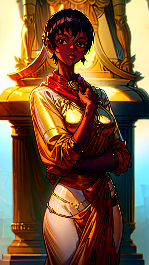 1girl, casca \(berserk\), a woman in a gold sari posing for a picture, a marble sculpture by Raja Ravi Varma, trending on cg society, samikshavad, anime screenshot, uhd image, ultra hd