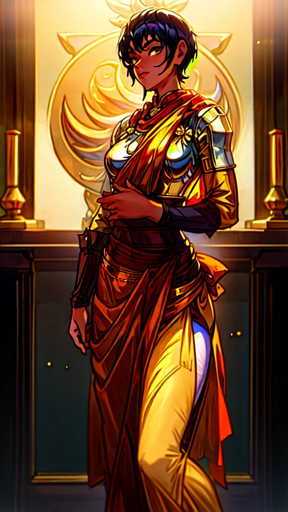 1girl, casca \(berserk\), a woman in a gold sari posing for a picture, a marble sculpture by Raja Ravi Varma, trending on cg society, samikshavad, anime screenshot, uhd image, ultra hd